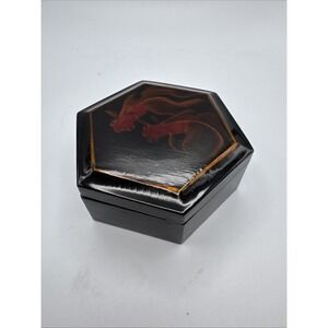 Black Lacquer Wooden Trinket Box Fancy Goldfish 2 Fish Motif Vintage Mid Century